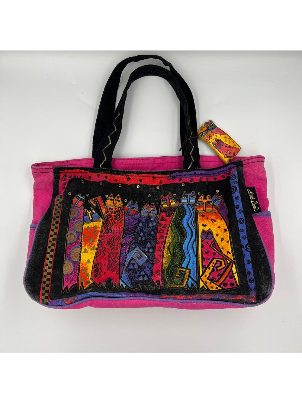 Laurel Burch Cat Tote Bag Colorful Rainbow Canvas Shoulder Bag Art Cats Vintage